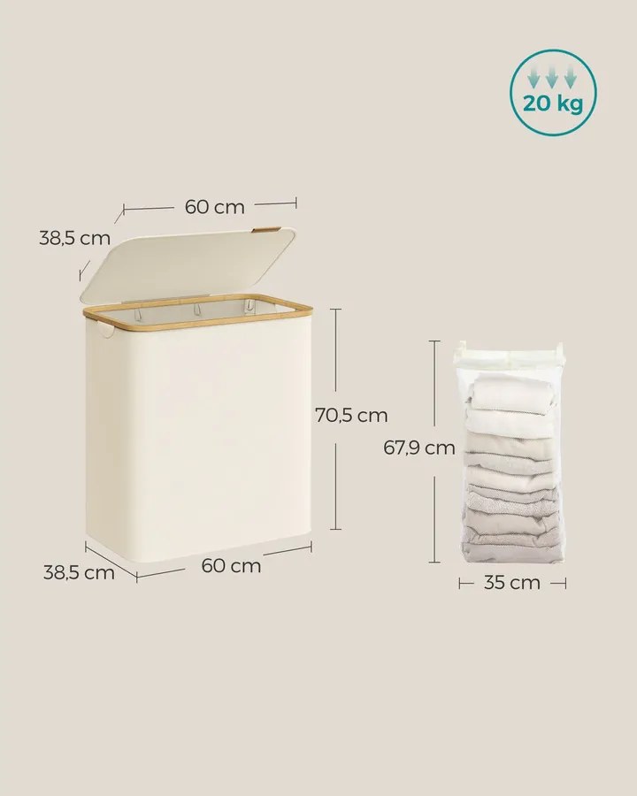 Szennyestartó Oxford szövet, 150L, kivehető hálós zsák, bambusz fogantyú krémfehér