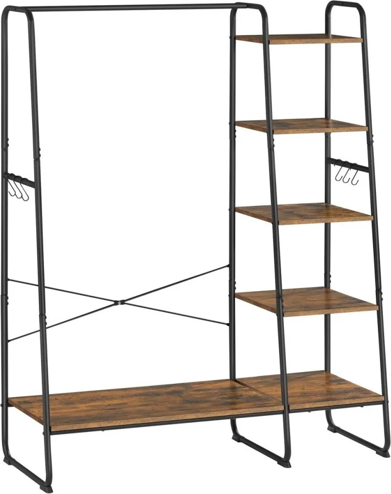 Ruhatároló, ruhaakasztó, 5 szintes polccal, 6 akasztóval, ?45 x 120 x 160 cm, rusztikus barna
