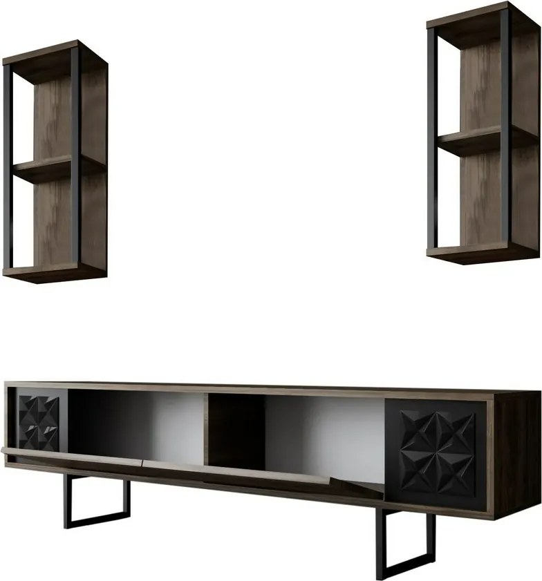 Line Walnut and Black TV-állvány polcokkal