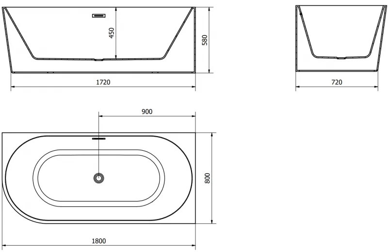 Mexen Mia, szabadon álló sarokkád, jobb, 180 x 80 cm, fehér, grafit túlfolyó, 52691808000P-66