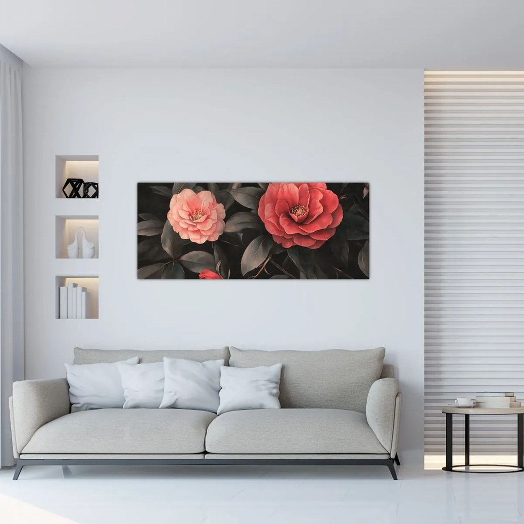 Kép - Vörös virágok sötét háttér előtt (120x50 cm)