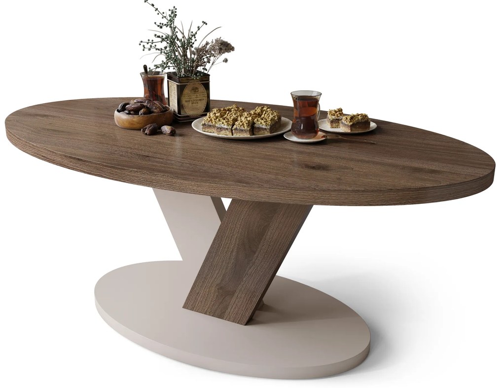 Mazzoni LOVA Elegáns Dió/Beige Taupe - OVÁLIS DOHÁNYZÓASZTAL 110x60 cm MODERN KÁVÉZÓ ASZTAL