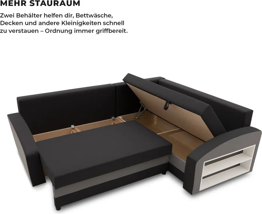 Grande sarokkanapé polcokkal , polc a jobb karfaban, jobboldali, szövet anyag, hab töltet, fekete - szürke