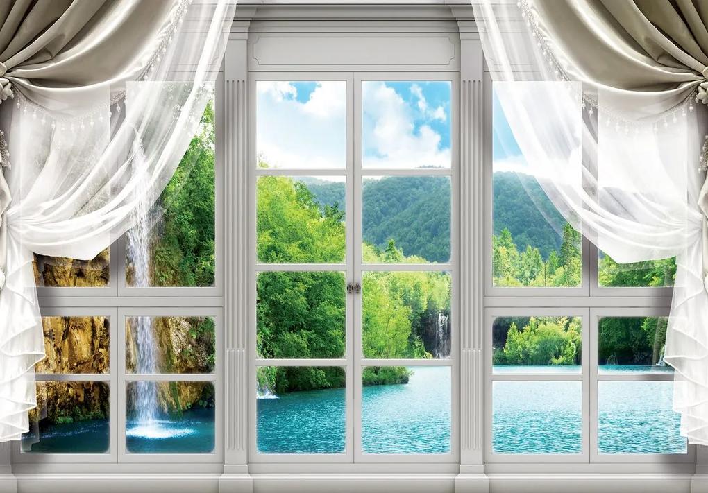 Fotótapéta - Kilátás a vízesésre az ablakból (254x184 cm)