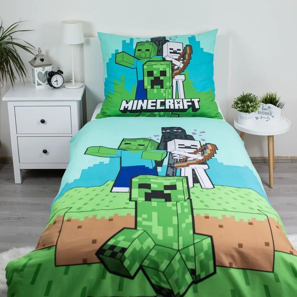 Zöld-kék egyszemélyes pamut gyerek ágyneműhuzat 140x200 cm Minecraft "Mobs Here" – Jerry Fabrics