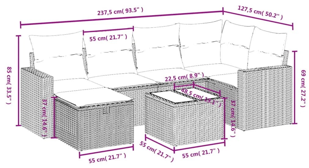 7 részes szürke polyrattan kerti ülőgarnitúra párnákkal