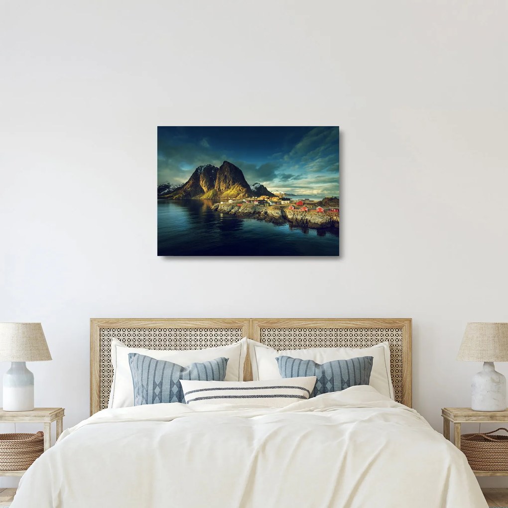 Egy halászati falu képe Norvégiában (üvegen) (70x50 cm)