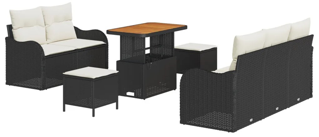 8 részes kerti kanapé szett párnákkal - Fekete poli rattan akáccal