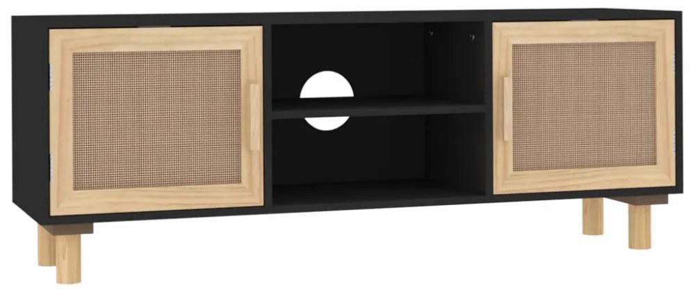fekete fenyőfa és természetes rattan TV-szekrény 105x30x40 cm
