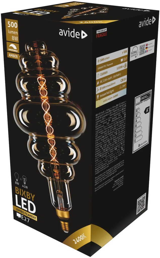 Avide LED Jumbo Filament Bixby 200x410mm Amber 8W E27 2400K Fényerőszabályzós