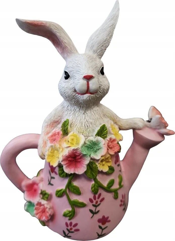 Dekorációs figura Kerámia Fehér Húsvéti Nyuszi Öntözőkanna Rózsaszín 15cm