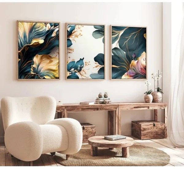 KÉSZLET 3x Kép képkeretben 50x70 cm növények