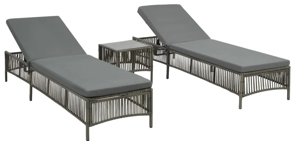 2 db szürke polyrattan napozóágy asztalkával