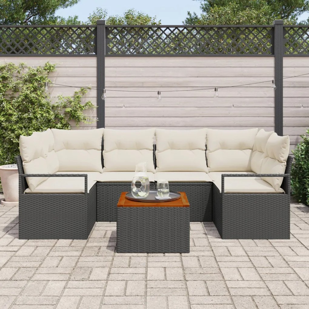 7 darabos kerti kanapé szett párnákkal fekete polyrattan akáciából, 2 személyes kerti kanapé párnákkal fekete polyrattan