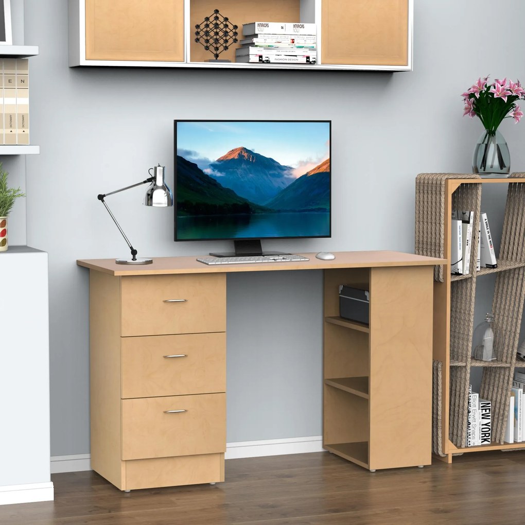 HOMCOM Íróasztal Tárolóval, Számítógép Asztal 120 x 50 cm, Számítógép Asztal Polcokkal és Fiókokkal, Kisebb Terekhez, Hálószoba, Világos Fa Hatású | A