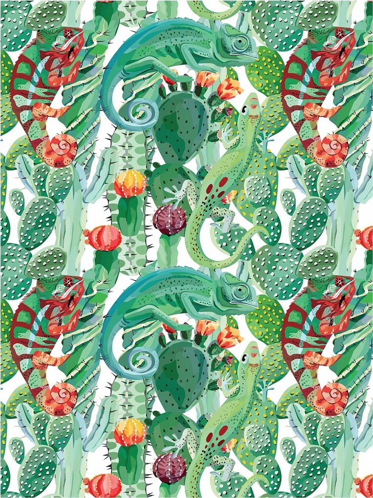 Fotótapéta Egzotikus kaméleon és kaktuszok 184x254 Trópusi minta +ragasztó