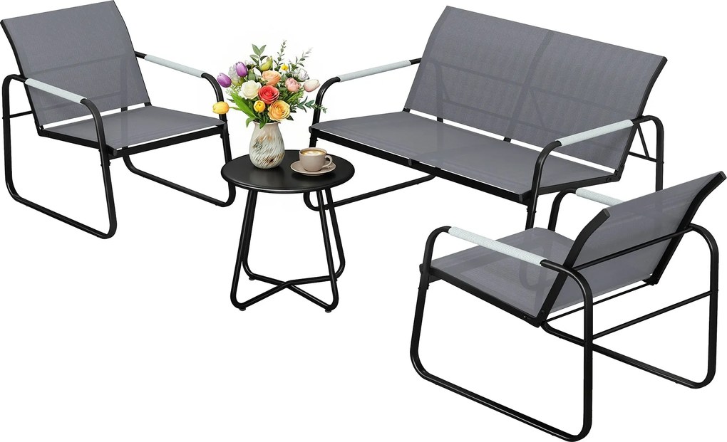 Outsunny 4 darabos kerti ülőgarnitúra 4 személyre — lélegző hálós 2 személyes kanapé, 2 fotel, fonott kerek asztal, állítható lábak, időjárásálló (szü