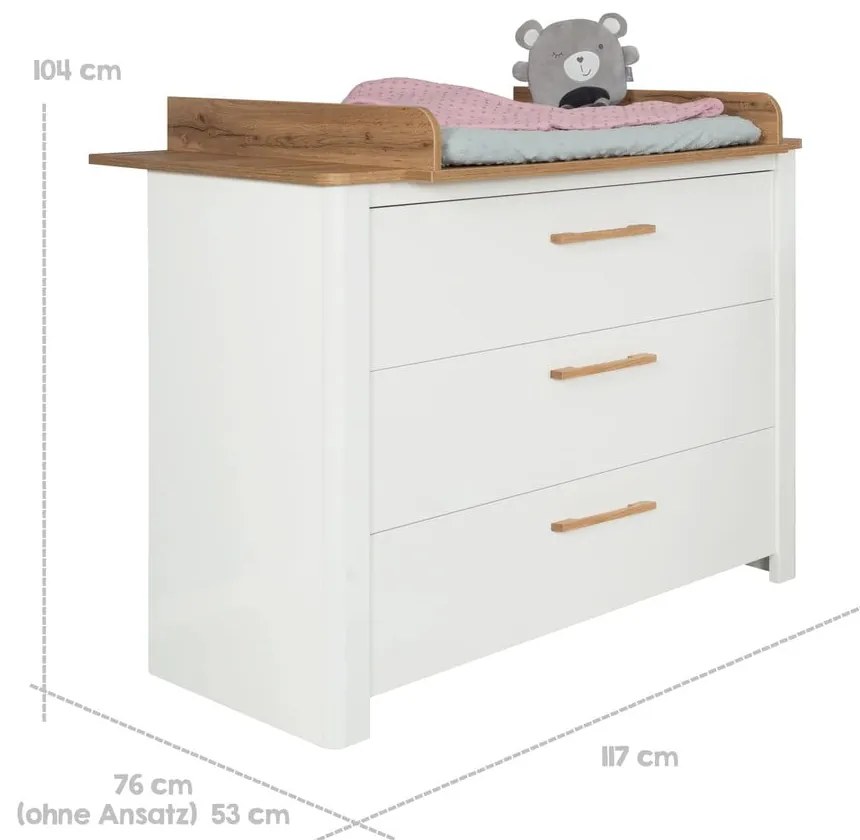 Fehér alacsony gyerek komód pelenkázó feltéttel tölgyfa dekorral 119x100 cm Ava – Roba