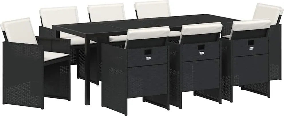 vidaXL Kert étkező szett párnával 9 pcs Fekete polirattan