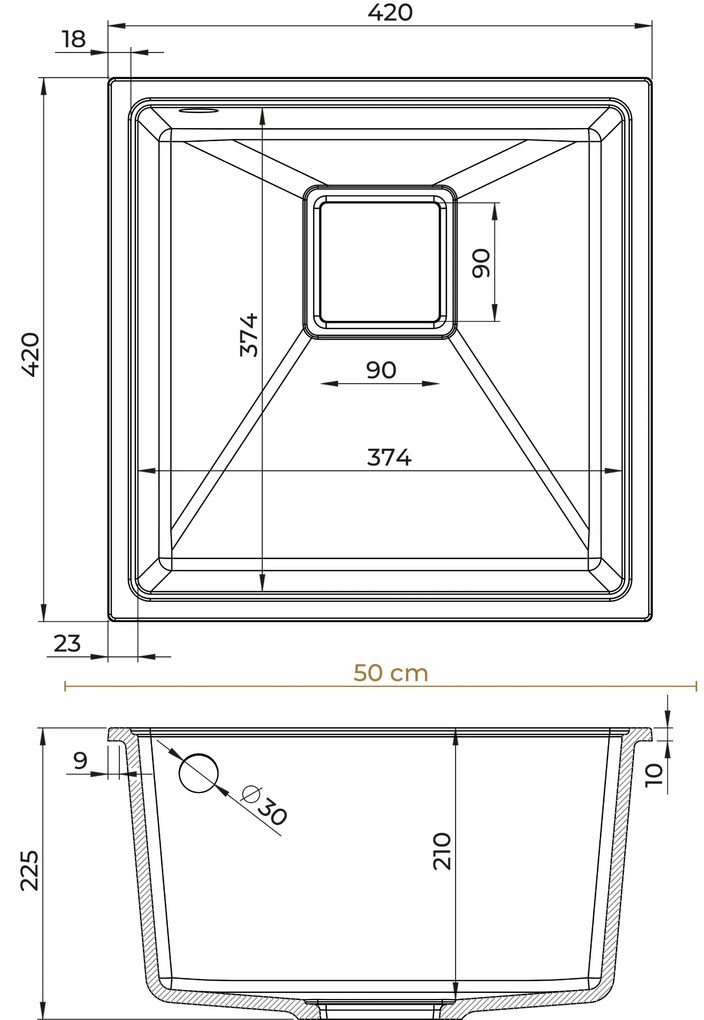 Mosogató Minőségi Argon 50, konyhai gránit mosogató 420x420x225 mm + króm szifon, fekete foltos-Brocade, SKQ-ARG.B.1KBO.50.X