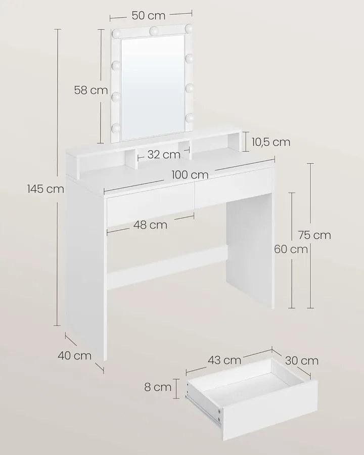 Sminkasztal LED világítással, tükörrel és 2 fiókkal, 100 x 40 x 145 cm, fehér