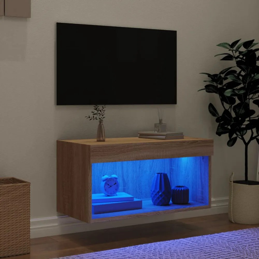 sonoma tölgy színű TV-szekrény LED-világítással 60 x 30 x 30 cm