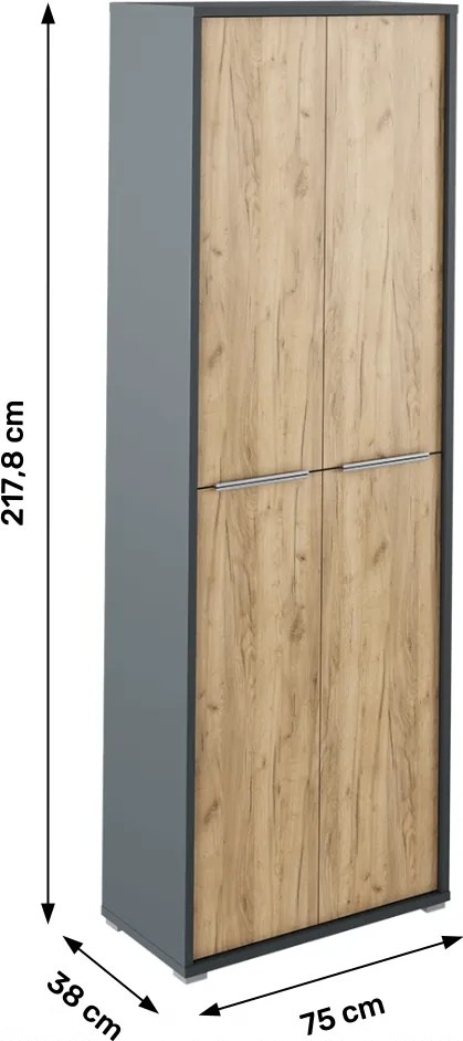 Magas szekrény polcokkal, grafit/tölgyfa artisan, RIOMA NEW TYP 05