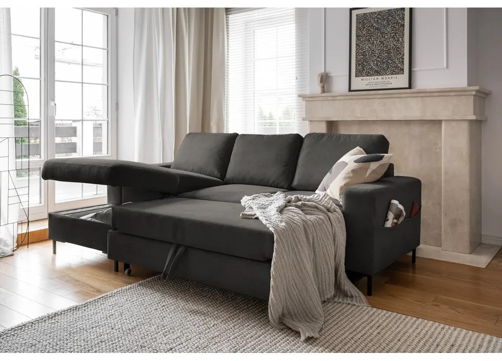 Sötétszürke kordbársony kinyitható sarokkanapé (bal oldali) Lofty Lilly – Miuform