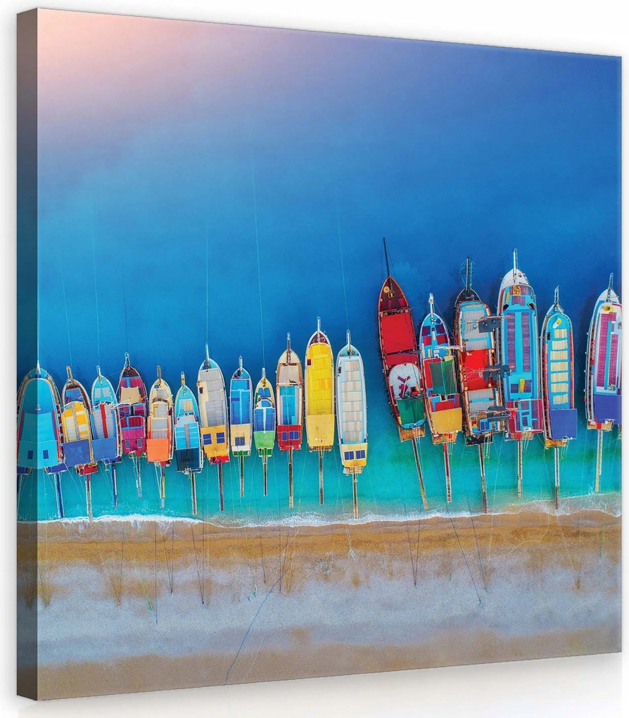 Vászonkép 40x40 Színes hajók kikötött hajók türkiz víz tengerpart nyugalom