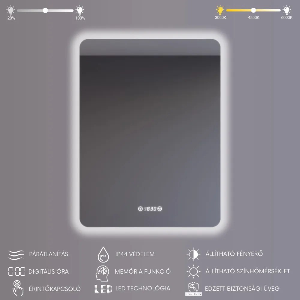 Álló fürdőszobai LED tükör 60x80cm | Páramentesítő funkció - Beépített óra - Fényerő és színhőmérséklet szabályozás | Welland Luxury-Line G790