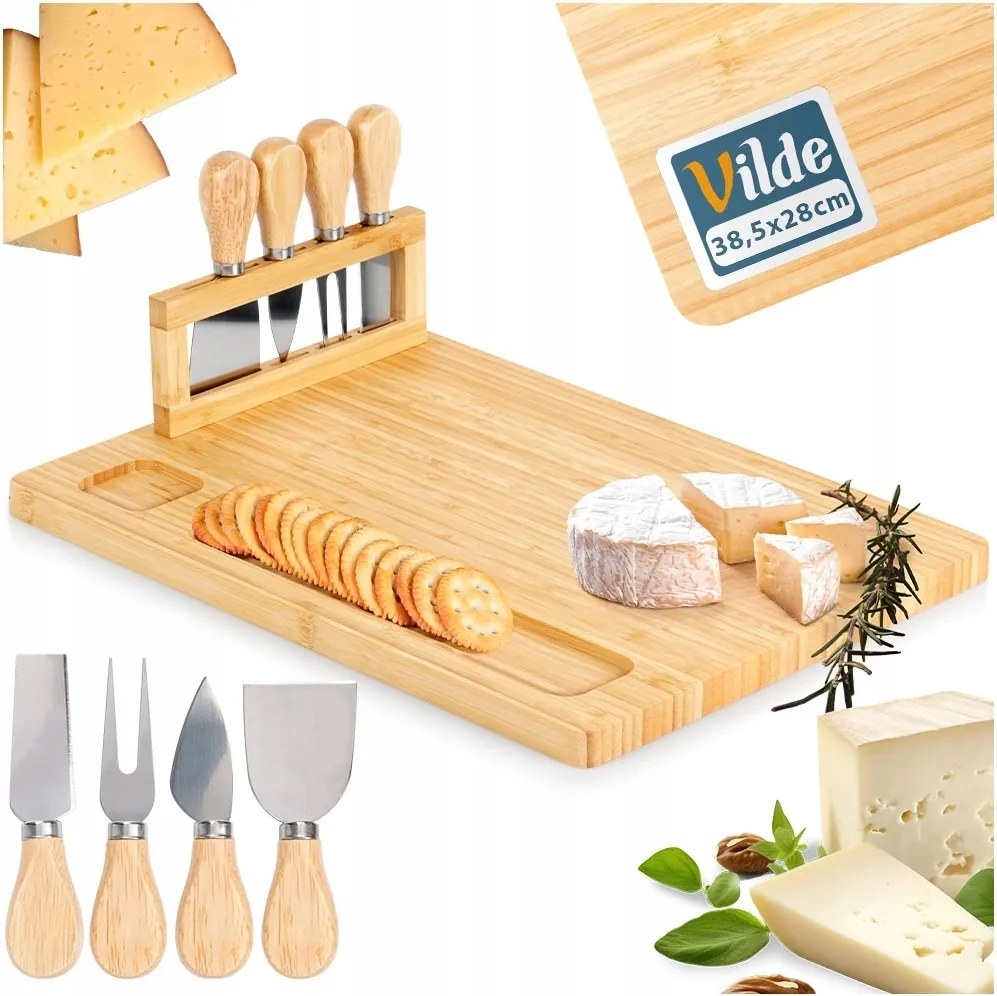Bambusz deszka szett 5 db-os késekkel Vilde sajttárolóval