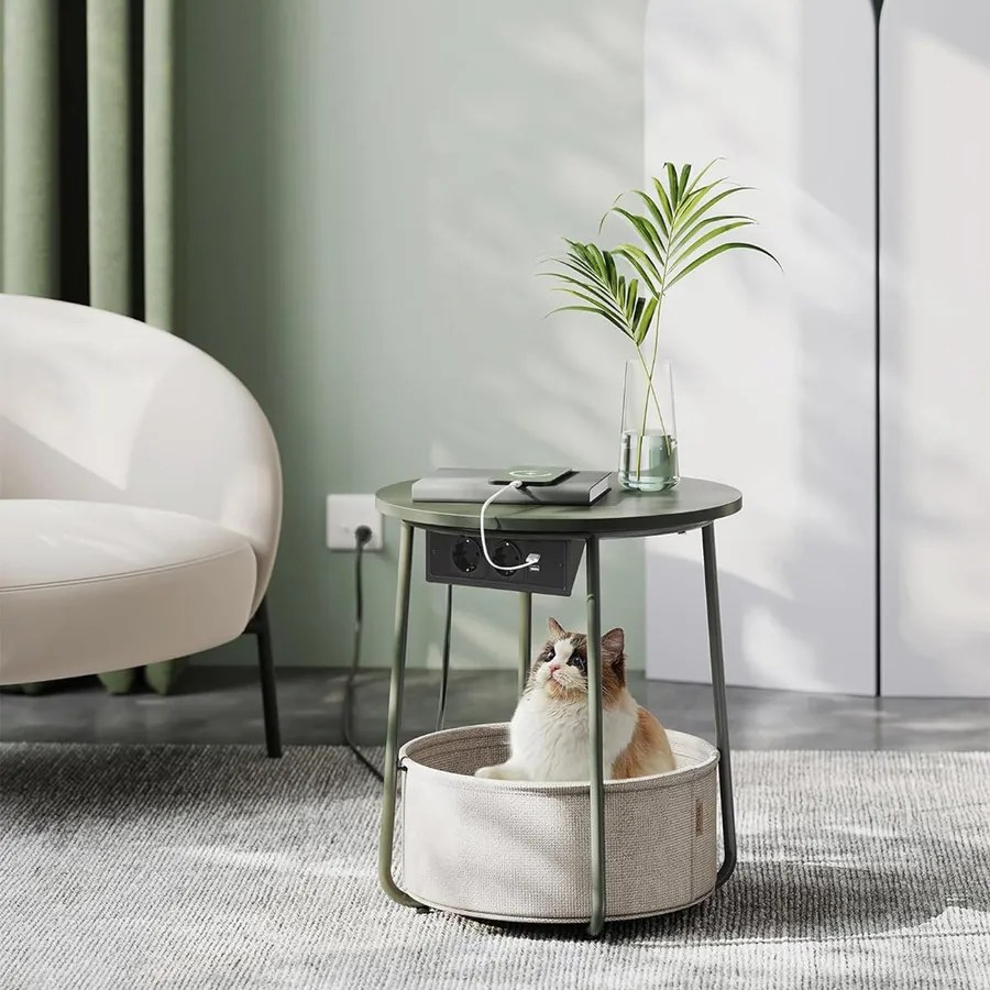 Kerek dohányzóasztal USB töltő porttal, kis asztal aljzattal, erdőzöld és krémfehér