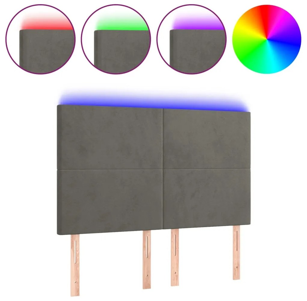 sötétszürke bársony LED-es fejtámla 144x5x118/128 cm