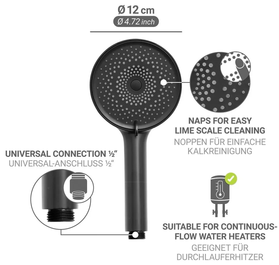 Matt fekete műanyag zuhanyfej ø 12 cm Softwater – Wenko
