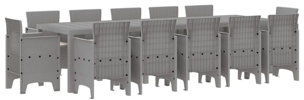 13 részes Kerti Étkező Szett Párnákkal Világosszürke Polirattan, Kerti Asztal Világosszürke 150x100x73 cm Polirattan, Kerti Székek Párnákkal 4 db Világosszürke Polirattan