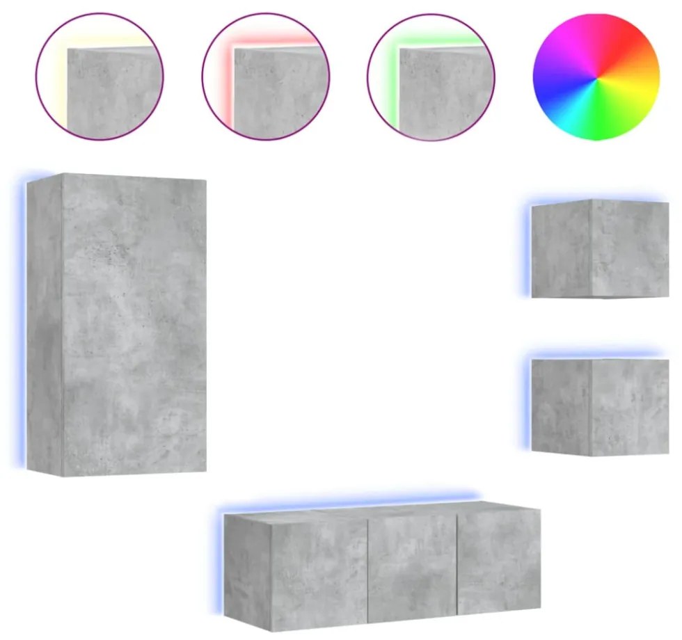 vidaXL 5 darab betonszürke szerelt fa fali TV-bútor LED-del