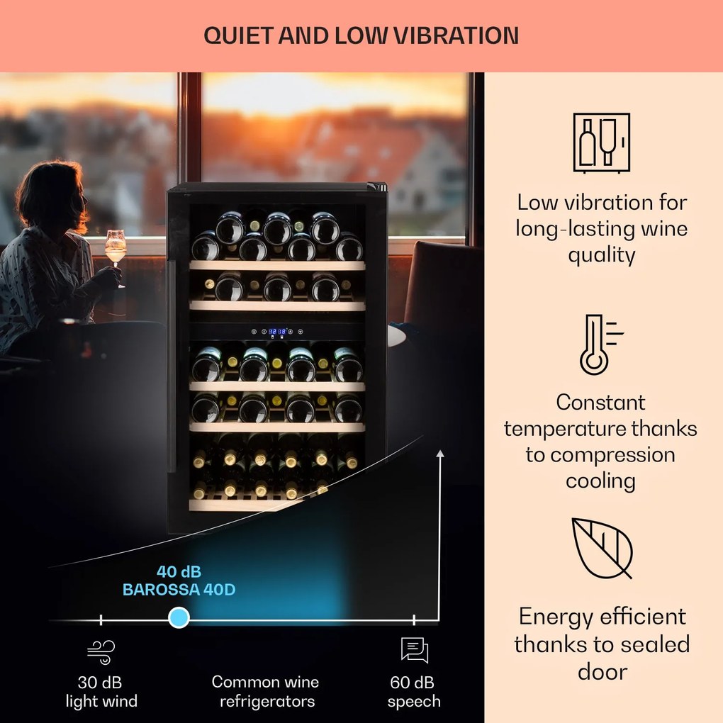 Klarstein Barossa 40D, borhűtő,135 liter, 2 zóna, 41 palack, üvegajtó, érintőképernyős