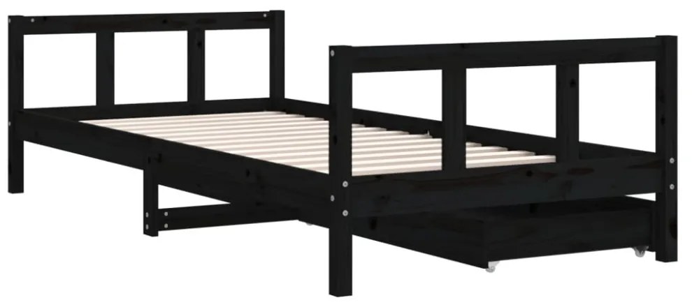 fekete tömör fenyőfa gyerekágykeret fiókokkal 90 x 200 cm