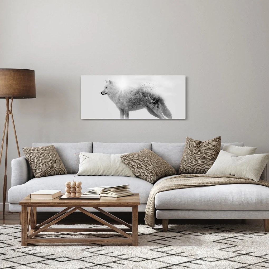 Kép - Vad tájat tükröző sarkvidéki farkas, fekete-fehér (120x50 cm)