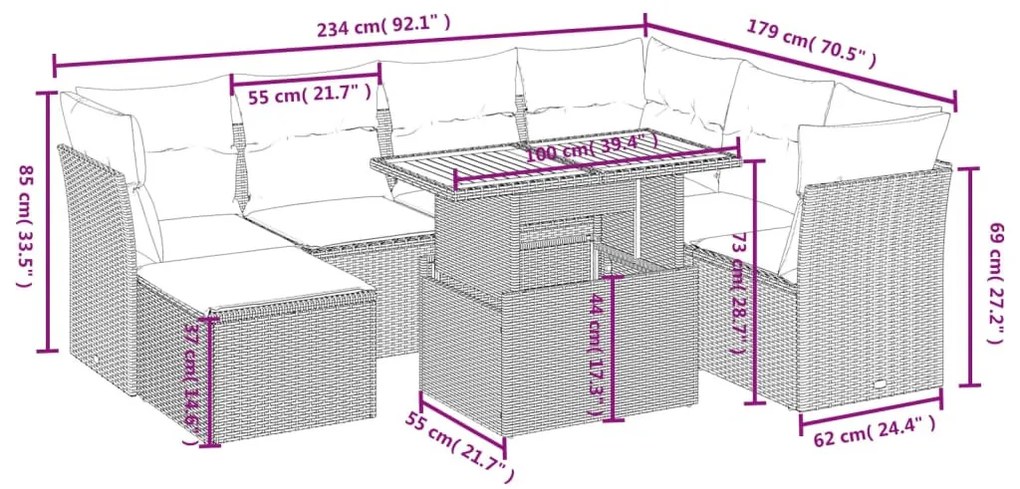 8 részes fekete polyrattan kerti ülőgarnitúra párnákkal