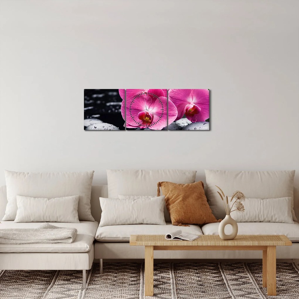 Kép - Rózsaszín orchidea pálmalevéllel (órával) (90x30 cm)