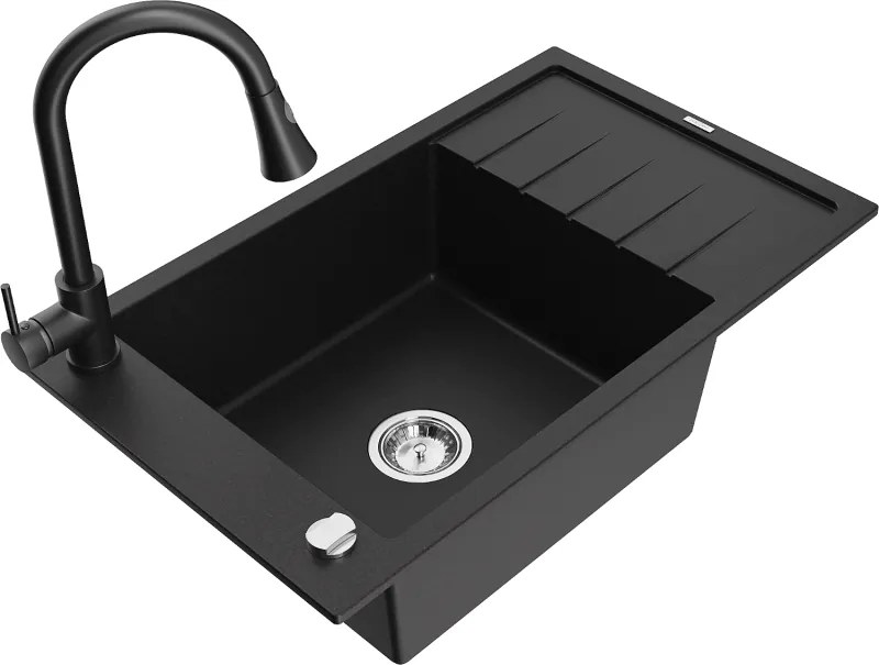 Mexen Elias gránit mosogató 1-medencés csepegtetővel és Elia konyhai csapteleppel, fekete - 6511-77-670101-70