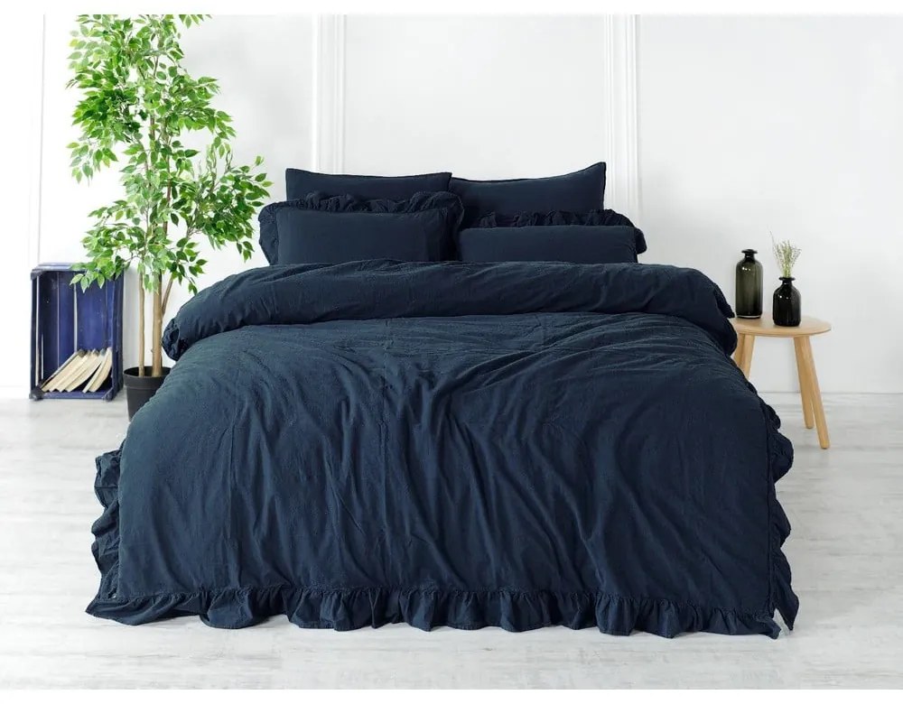Sötétkék egyszemélyes renforcé pamut ágyneműhuzat 140x200 cm Ruffle Striped – Mila Home Luxury
