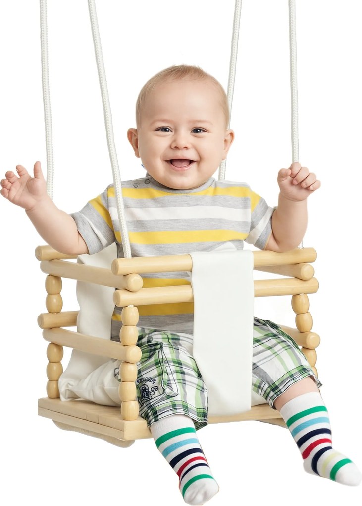 AIYAPLAY Gyermek Hinta 9-36 Hónapos Korig Fából és Pamutból Beltéri és Kültéri Használatra Állítható Kötéllel és Levehető Párnával, 30x30x110-180 cm,