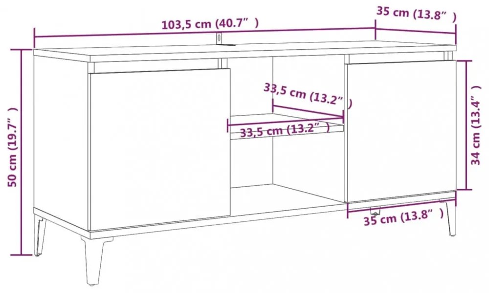 füstös tölgy színű TV-szekrény fémlábakkal 103,5 x 35 x 50 cm
