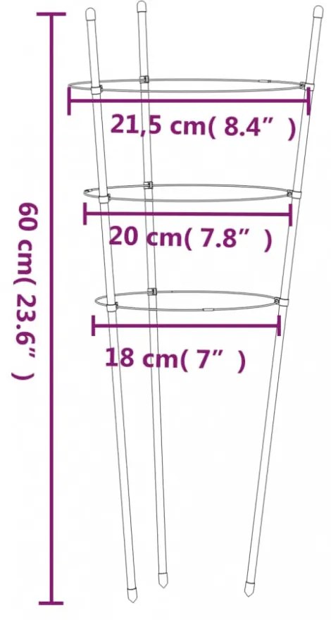 5 db zöld acél kerti növénytámasz 3 gyűrűvel 60 cm