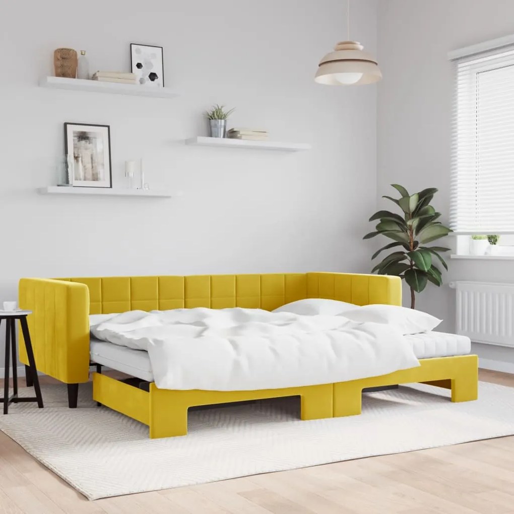 sárga kihúzható bársony heverő matraccal 90 x 200 cm