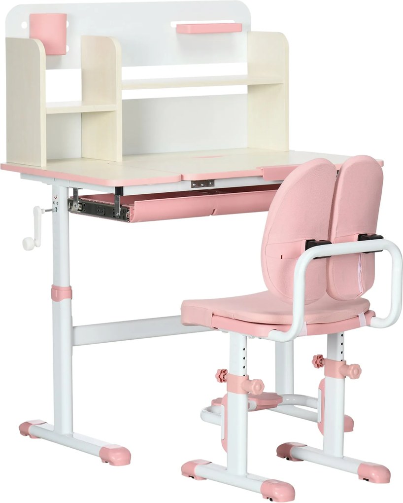 HOMCOM Gyermek Tanuló Íróasztal és Szék Szett 3 Éves Kortól Magasságban Állítható Gyerek Íróasztallal 1 Fiókkal, 1 Polccal és Dönthető Asztallappal |