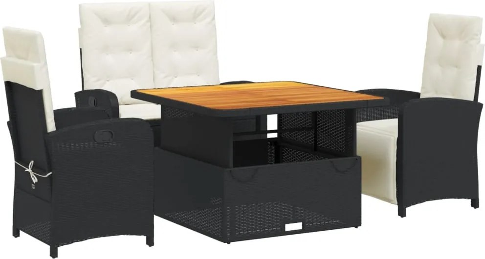 vidaXL 4 részes fekete polyrattan kerti étkezőszett párnákkal