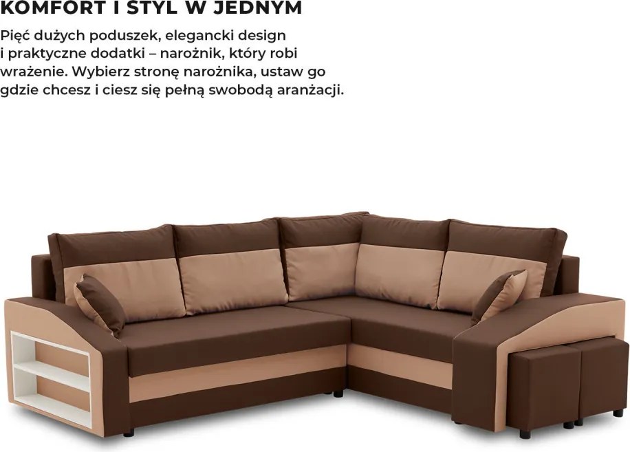Grande sarokkanapé polcokkal és puffokkal , polc a bal karfaban puffok a jobb karfaban, jobboldali, szövet anyag, hab töltet, barna